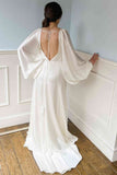 Ivory Silk Satin Plunging V Neck Backless Wedding Dresses With Sleeves, PW502 | backless wedding dress | modest wedding dress | vintage wedding dress | promnova.com