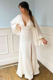Ivory Silk Satin Plunging V Neck Backless Wedding Dresses With Sleeves, PW502
