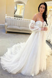 Ivory Tulle A Line Sweetheart Wedding Dresses With Balloon Sleeves, PW408