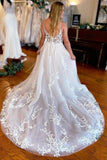 Ivory Tulle A Line V Neck Spaghetti Straps Wedding Dresses With Appliques, PW474 | backless wedding dress | wedding dress stores | bohemian wedding dress | promnova.com