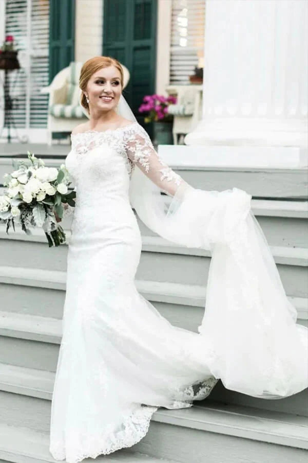 Ivory Tulle Mermaid Long Sleeves Wedding Dresses With Lace Appliques, PW394 | wedding gown | wedding dress store | cheap wedding dresses online | promnova.com
