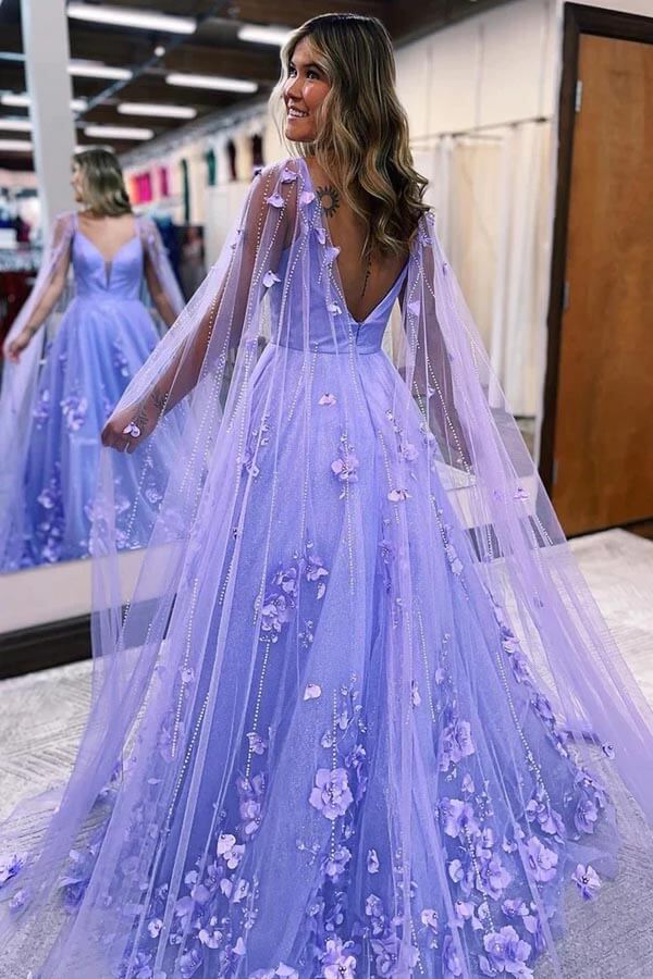 Lavender A Line V Neck 3D Floral Long Prom Dresses, Evening Dress, PL583 | cheap lace prom dress | prom dresses near me | new arrival prom dress | promnova.com