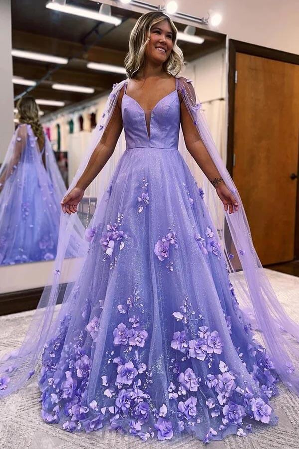 Lavender 3D Floral Lace A Line Sleeves Long Prom Dresses PSK446 US12 / As Picture Lavender 3D Floral Lace A Line Sleeves Long Prom Dresses PSK446 US12 / As Picture
