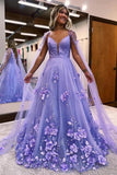 Lavender A Line V Neck 3D Floral Long Prom Dresses, Evening Dress, PL583