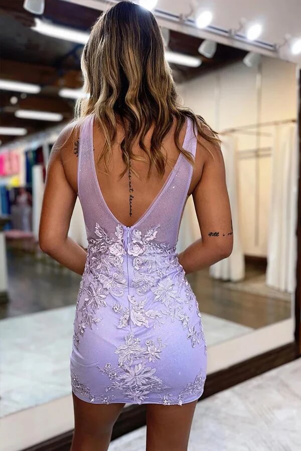 Lavender Plunging V Neck Lace Homecoming Dresses, PH428 | Promnova Lavender Plunging V Neck Lace Homecoming Dresses, PH428 | Promnova