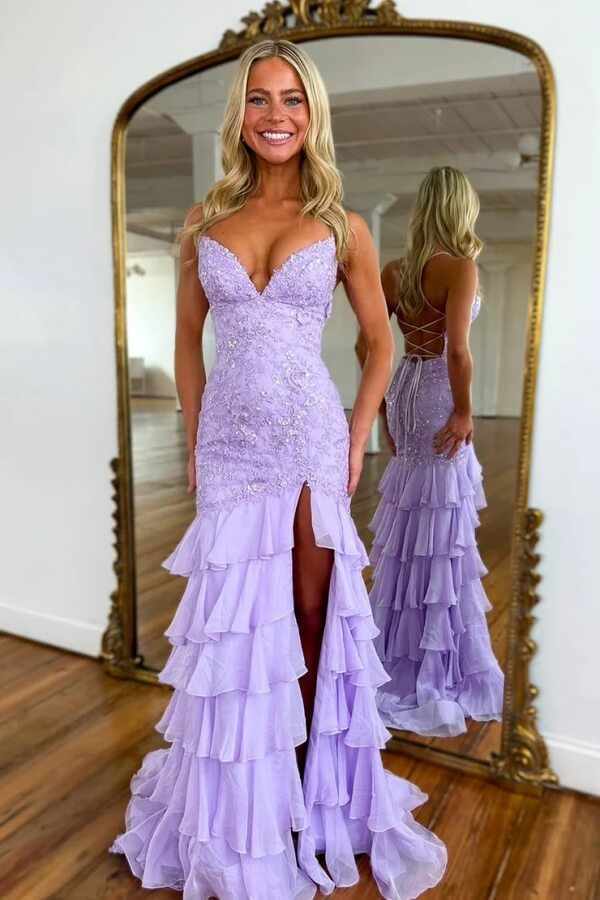 chinese dress ladies Lavender Chiffon Mermaid Prom Dresses With Appliques, PL692