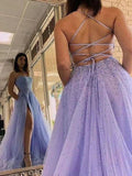 Lavender Tulle A-line Beaded Prom Dresses With Split, Evening Dresses, PL564 image 3