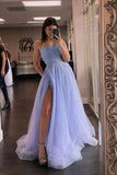 Lavender Tulle A-line Beaded Prom Dresses With Split, Evening Dresses, PL564