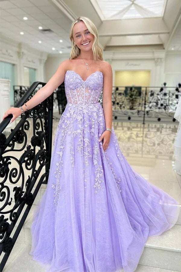Lavender A Line Sweetheart Strapless Prom Dresses, PL611