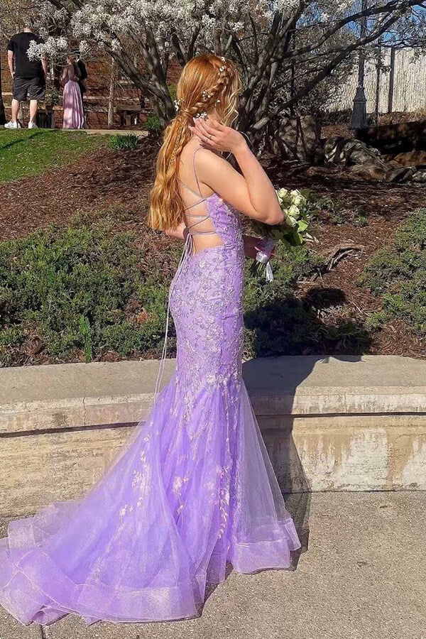 lavender dress with lace Mermaid Off-the-shoulder Lilac Long Prom Dress Cheap Beaded Lace Eveni SELINADRESS