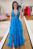 Light Blue Chiffon A Line Halter Lace Appliques Prom Dresses With Ruffles, PL737 image 2