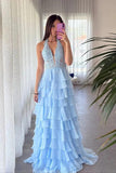Light Blue Chiffon A Line Halter Lace Appliques Prom Dresses With Ruffles, PL737