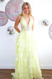 Light Blue Chiffon A Line Halter Lace Appliques Prom Dresses With Ruffles, PL737 image 3