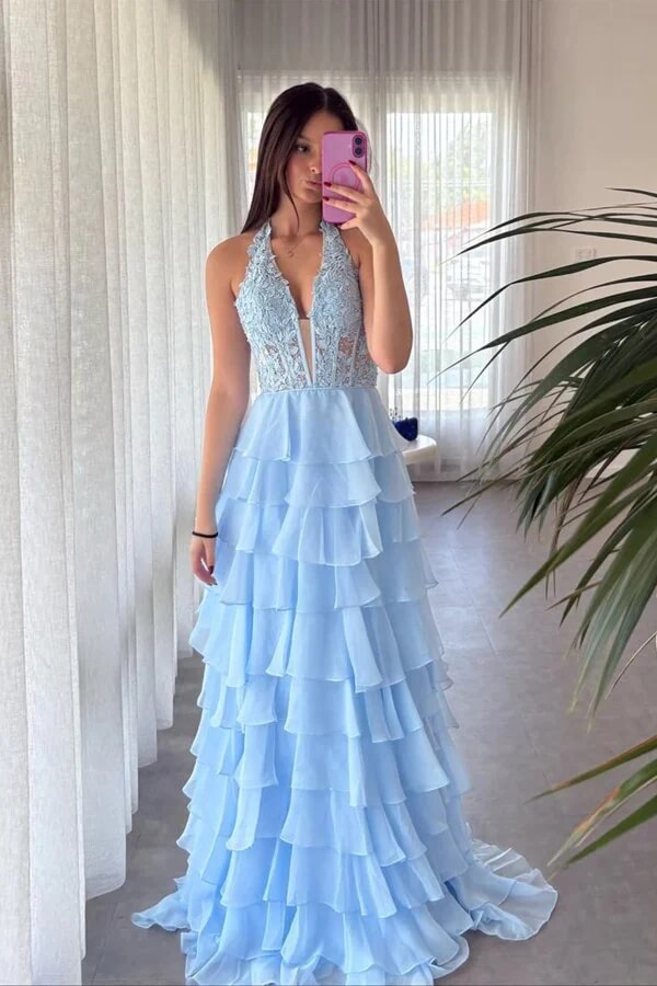 Light Blue Chiffon A Line Halter Lace Prom Dresses, PL715