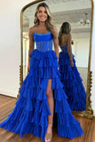Light Blue Chiffon Tiered A Line Scoop Neck Long Prom Dresses With Beadings, PL769 | royal blue prom dress | new arrival prom dress | prom dress stores near me | promnova.com