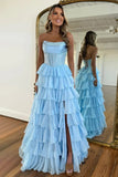Light Blue Chiffon Tiered A Line Scoop Neck Long Prom Dresses With Beadings, PL769