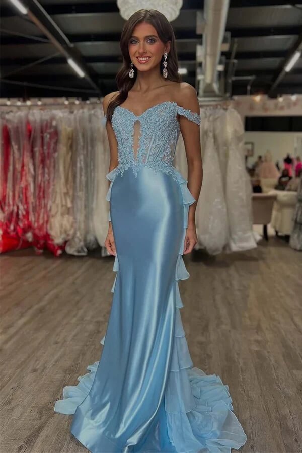 Off the Shoulder Corset Light Blue Prom Dress with Appliques TP1407 US14 / Custom Color