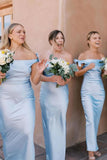 Light Blue Satin Sheath Off-the-Shoulder Floor Length Bridesmaid Dresses, PB193 | blue bridesmaid dress | cheap bridesmaid dresses online | bridal party dress | promnova.com