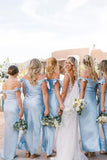 Light Blue Satin Sheath Off-the-Shoulder Floor Length Bridesmaid Dresses, PB193 | wedding party dress | simple bridesmaid dress | budget bridesmaid dress | promnova.com