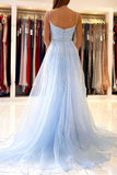 Light Blue Tulle Mermaid Spaghetti Straps Lace Appliqued Prom Dresses, PL649 image 2