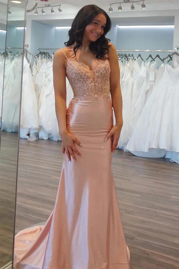 Light Pink Satin Mermaid V Neck Lace Prom Dresses, PL707
