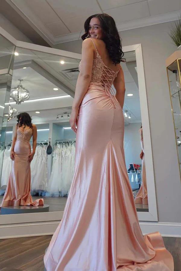 Light Pink Satin Mermaid V Neck Lace Prom Dresses, PL707 | Promnova US14 / As Picture Light Pink Satin Mermaid V Neck Lace Prom Dresses, PL707 | Promnova US14 / As Picture