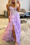Lilac Chiffon Tiered A Line Spaghetti Straps Long Prom Dresses With Slit, PL758