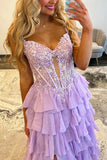 Lilac Chiffon Tiered A Line Spaghetti Straps Long Prom Dresses With Slit, PL758