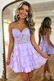 Lilac Chiffon Tiered A Line Sweetheart Strapless Short Homecoming Dresses, PH468 | purple homecoming dress | lace homecoming dress | cheap homecoming dress | promnova.com