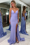 Lilac Satin Mermaid V Neck Spaghetti Straps Pleated Long Prom Dresses, PL755 | purple prom dress | prom dress lilac | prom dress stores | promnova.com