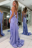 Lilac Satin Mermaid V Neck Spaghetti Straps Pleated Long Prom Dresses, PL755 | new arrival prom dress | prom dress near me | custom made prom dress | promnova.com