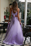 Lilac Satin Two Pieces Spaghetti Straps V Neck Prom Dresses With Slit, PL641 image 3