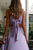 Lilac Satin Two Pieces Spaghetti Straps V Neck Prom Dresses With Slit, PL641 image 4