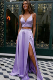 Lilac Satin Two Pieces Spaghetti Straps V Neck Prom Dresses With Slit, PL641