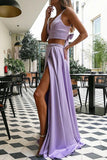 Lilac Satin Two Pieces Spaghetti Straps V Neck Prom Dresses With Slit, PL641 image 2