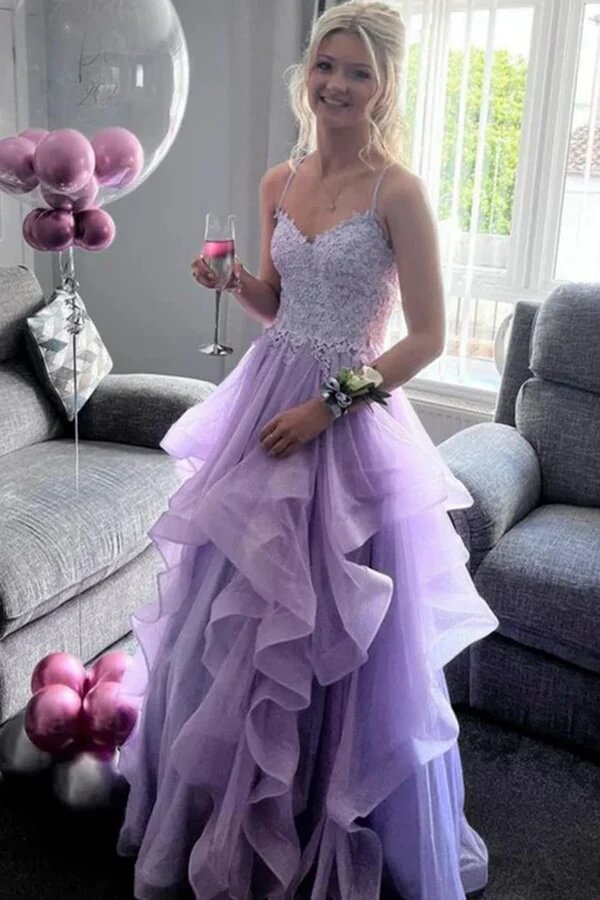 Lilac A-line Spaghetti Straps Ruffles Prom Dresses, PL671 | Promnova Lilac A-line Spaghetti Straps Ruffles Prom Dresses, PL671 | Promnova