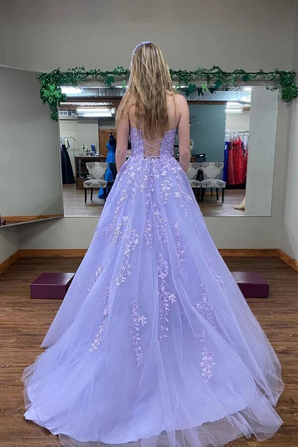 Lilac Tulle Lace A Line Scoop Long Prom Dressess, PL698 Lilac Tulle Lace A Line Scoop Long Prom Dressess, PL698