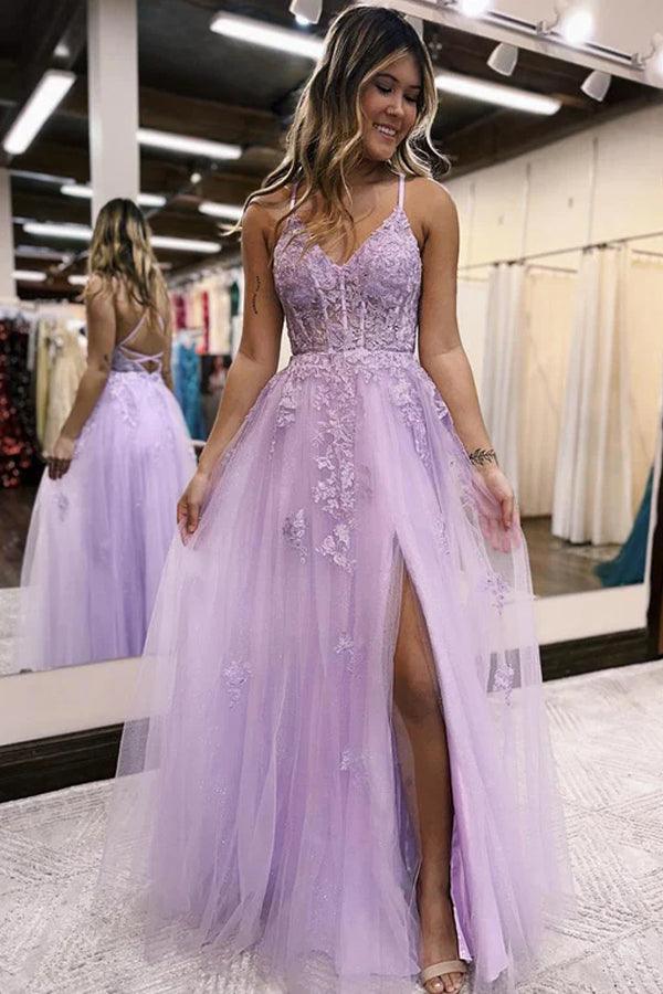 Lilac Tulle A Line V Neck Slit Lace Prom Dresses, Long Formal Dresses, PL562 | lilac prom dress | a line prom dresses | cheap prom dress | promnova.com