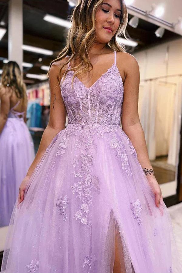 Lilac Tulle A Line V Neck Slit Lace Prom Dresses, Long Formal Dresses, PL562 | purple prom dress | party dresses | prom dresses online | evening gown | promnova.com