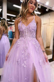 Lilac Tulle A Line V Neck Slit Lace Prom Dresses, Long Formal Dresses, PL562 | purple prom dress | party dresses | prom dresses online | evening gown | promnova.com