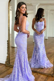 Lilac Tulle Mermaid Scoop Neck Backless Lace Prom Dress, Evening Dress, PL656 image 2