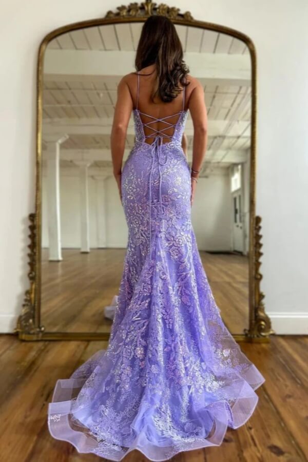 Lilac Tulle Mermaid Scoop Backless Lace Prom Dress, PL656 | Promnova US16W / Custom Color Lilac Tulle Mermaid Scoop Backless Lace Prom Dress, PL656 | Promnova US16W / Custom Color