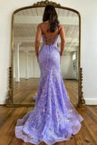 Lilac Tulle Mermaid Scoop Neck Backless Lace Prom Dress, Evening Dress, PL656 image 3
