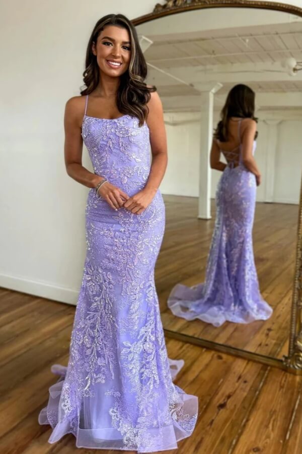 Lilac Tulle Mermaid Scoop Backless Lace Prom Dress, PL656 | Promnova Lilac Tulle Mermaid Scoop Backless Lace Prom Dress, PL656 | Promnova
