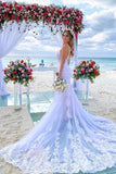 Lilac Tulle Mermaid Spaghetti Straps Lace Appliques Beach Wedding Dress, PW378