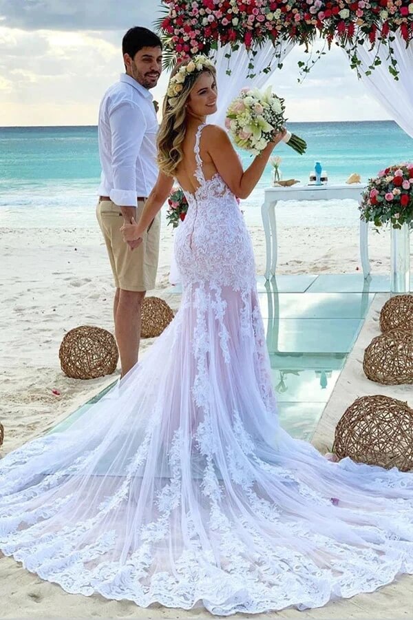 Lilac Tulle Mermaid Spaghetti Straps Lace Appliques Beach Wedding Dress, PW378 image 2