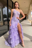 Lilac Tulle Tiered Mermaid One Shoulder Prom Dresses With Slit, Party Dress, PL757 | cheap prom dress | purple prom dress | evening dress | promnova.com