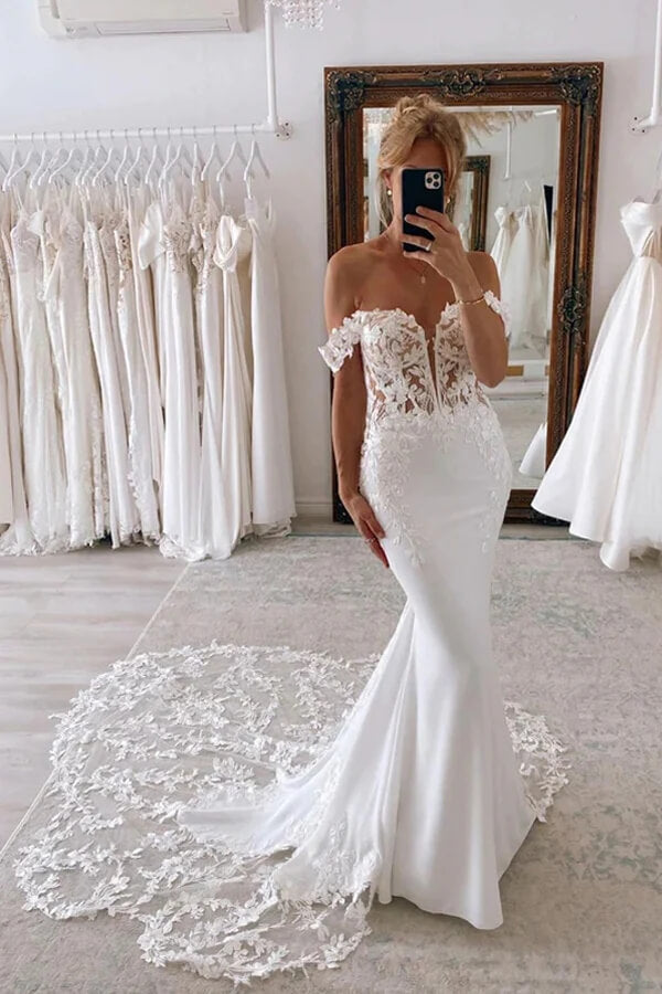 Mermaid Lace Appliques Off Shoulder Wedding Dresses, Bridal Gown, PW367 | cheap lace wedding dress | bridal outfit | lace wedding gown | promnova.com