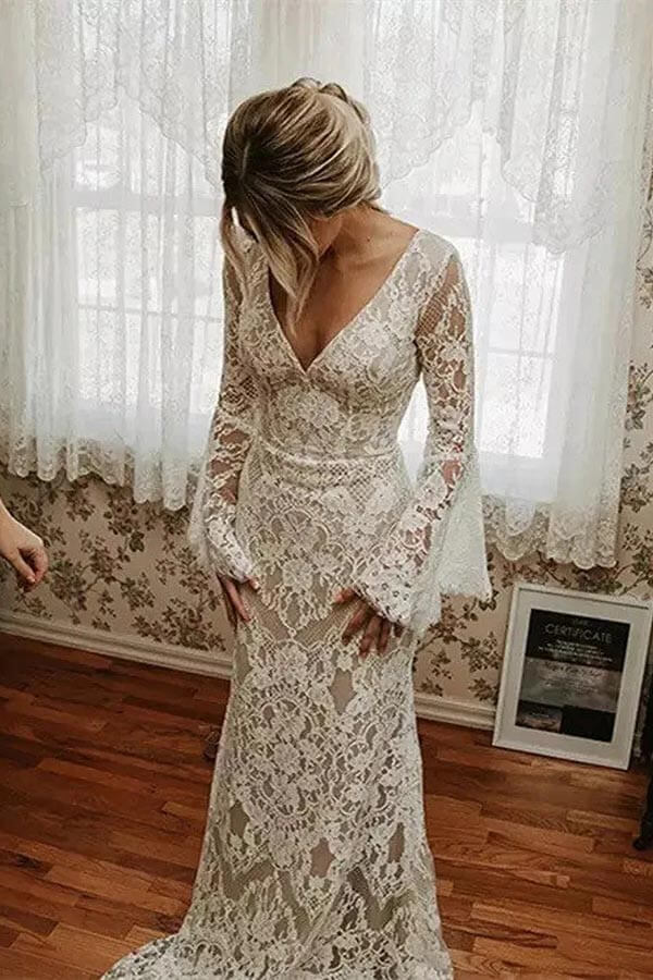 Mermaid Lace Long Sleeves Bohemian Wedding Dresses PW364 | Promnova