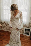 Mermaid Lace Backless Long Sleeves Bohemian Wedding Dresses With Train, PW364